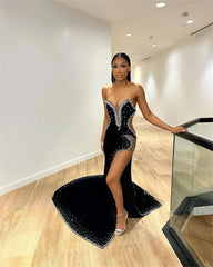 Burgundy Velvet Silver Beaded Evening Dress