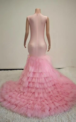 Angela Pink Rhinestone Mermaid Ruffle Ball Gown with Split & Long Train Prom Dress