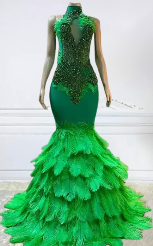 Aisha Emerald Green Feather Rhinestone Dress – Elegant Evening & Prom Gown