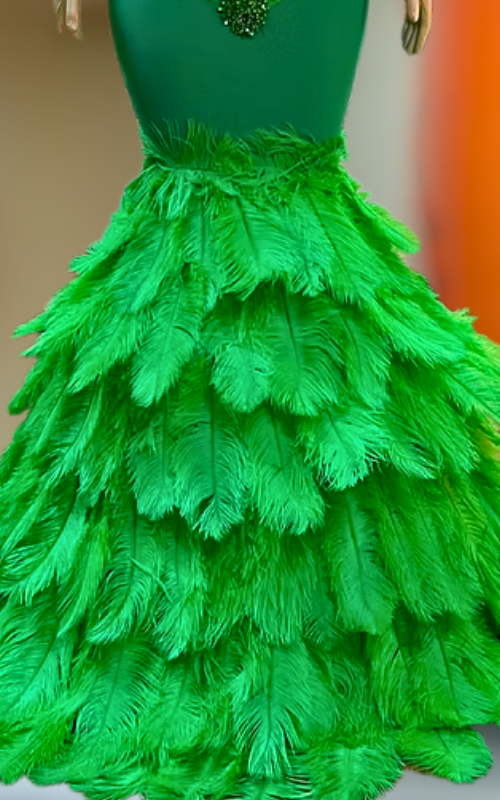 Aisha Emerald Green Feather Rhinestone Dress – Elegant Evening & Prom Gown