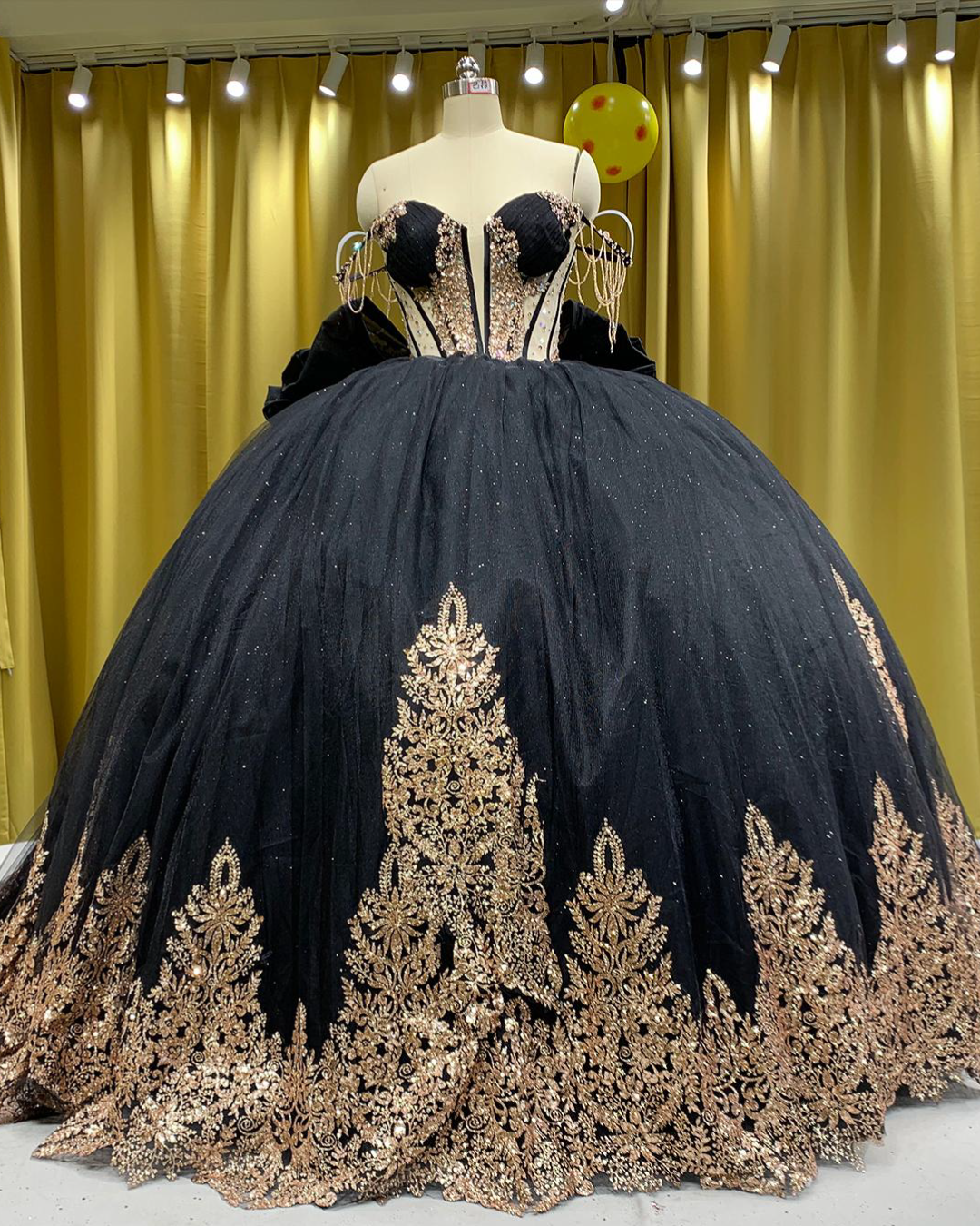 Black and Gold Sequin Appliqué Quinceañera Dress