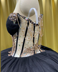 Black and Gold Sequin Appliqué Quinceañera Dress