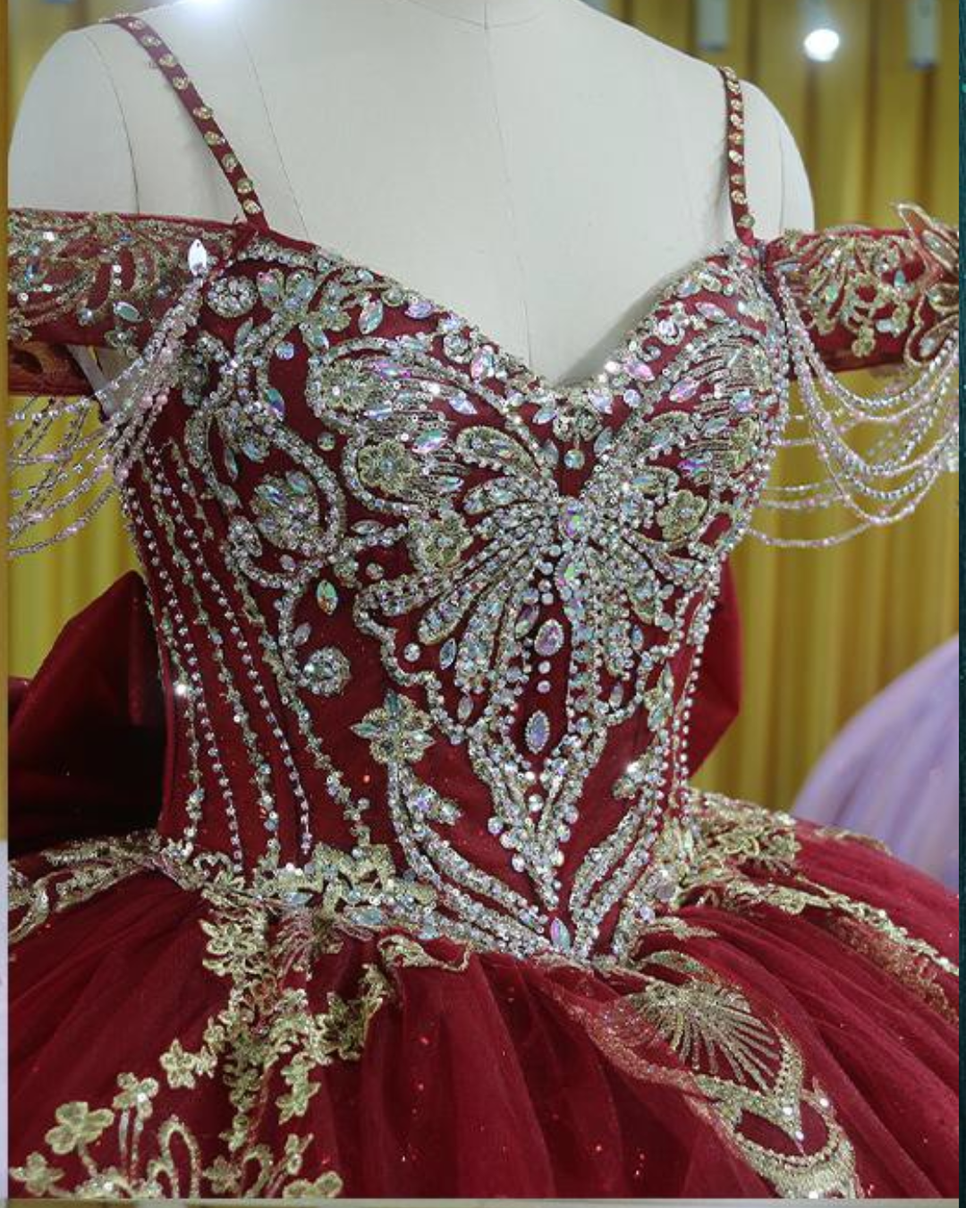 Burgundy Quinceañera Dress With Crystal Tassels, Spaghetti Straps And Corset Bodice