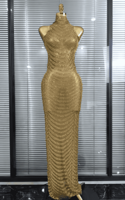 Charlene Golden Shining Rhinestone Off Shoulder Mesh Bodycon Long Dress