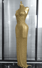 Charlene Golden Shining Rhinestone Off Shoulder Mesh Bodycon Long Dress