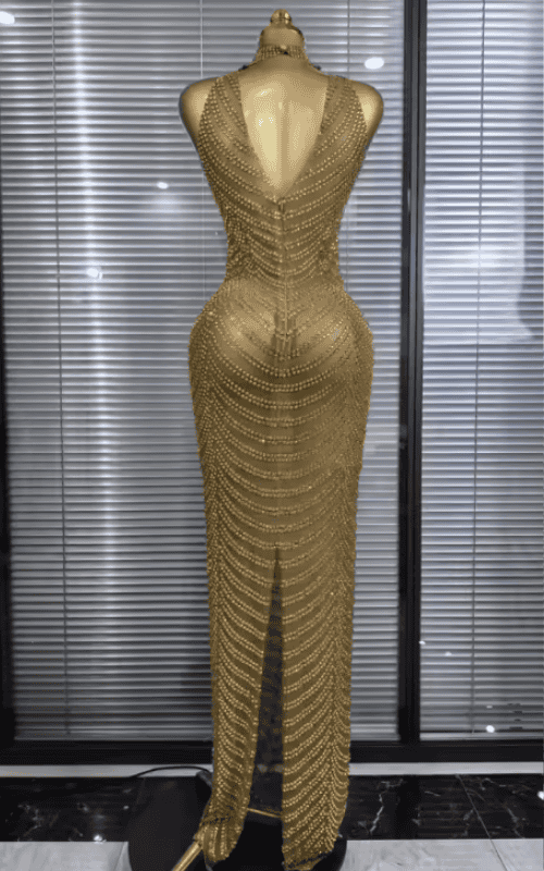 Charlene Golden Shining Rhinestone Off Shoulder Mesh Bodycon Long Dress