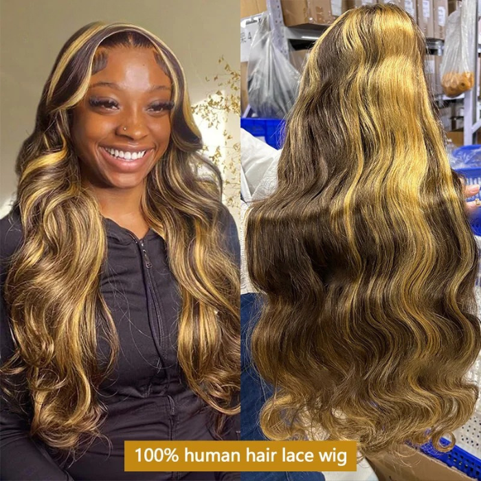 Blonde Highlight Lace Frontal Wig – 13x4 HD Transparent Curly Body Wave Human Hair Wig, Pre-Plucked with Baby Hair