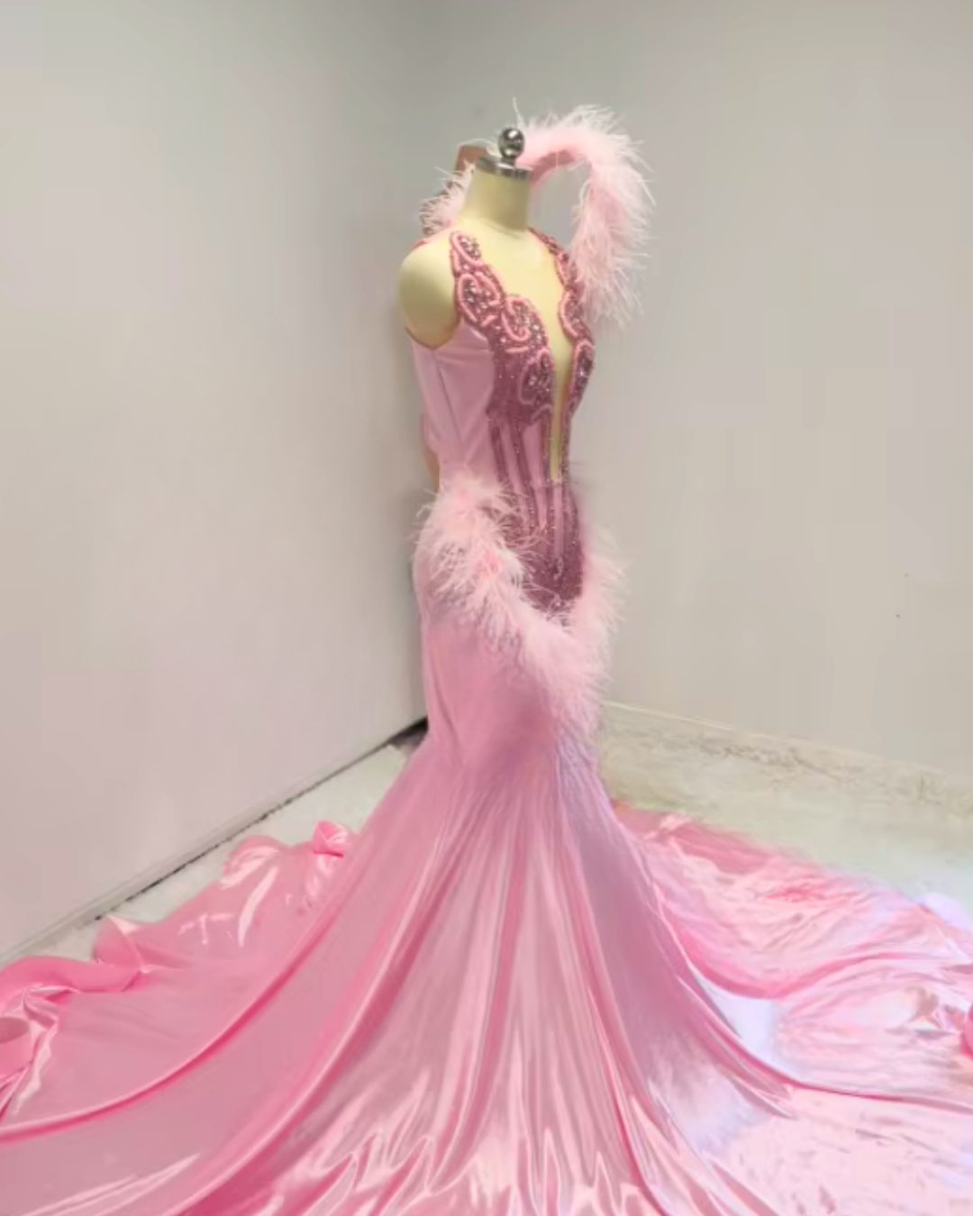 Carrie Beaded Pink Rhinestone Satin Mermaid Prom Dress