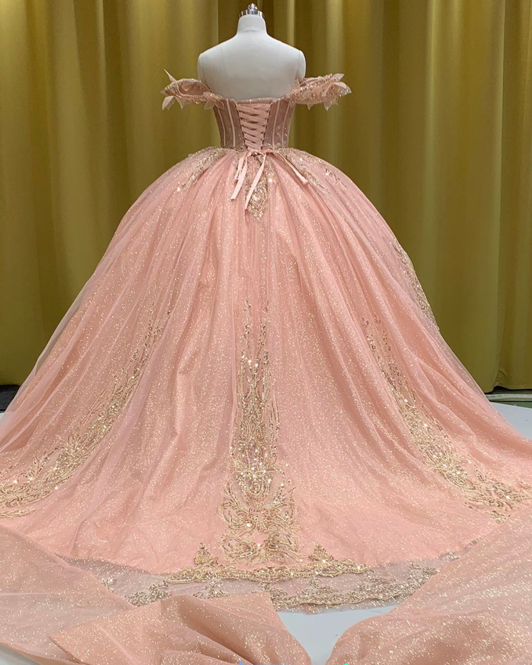 Blush Pink Princess Quinceañera Gown with Gold Beading