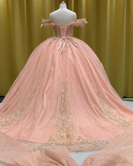 Blush Pink Princess Quinceañera Gown with Gold Beading