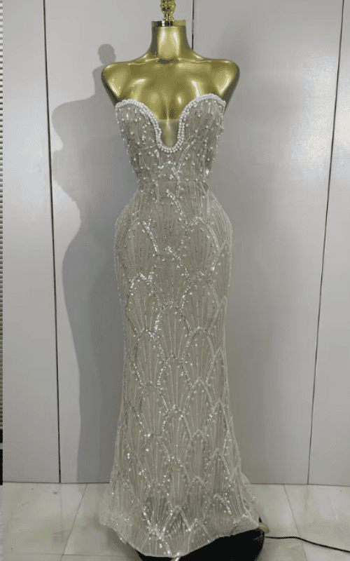 Amber Luxury Beaded Sequin Pearl Strapless Mesh Long Dress