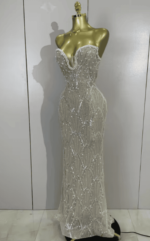 Amber Luxury Beaded Sequin Pearl Strapless Mesh Long Dress
