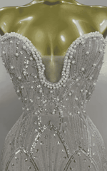 Amber Luxury Beaded Sequin Pearl Strapless Mesh Long Dress