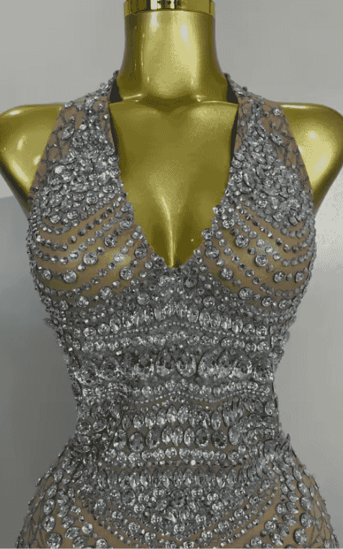Akisha Sparkly Rhinestone Backless Sheer Mesh Bodycon Mini Dress