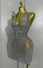 Akisha Sparkly Rhinestone Backless Sheer Mesh Bodycon Mini Dress