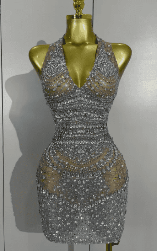 Akisha Sparkly Rhinestone Backless Sheer Mesh Bodycon Mini Dress