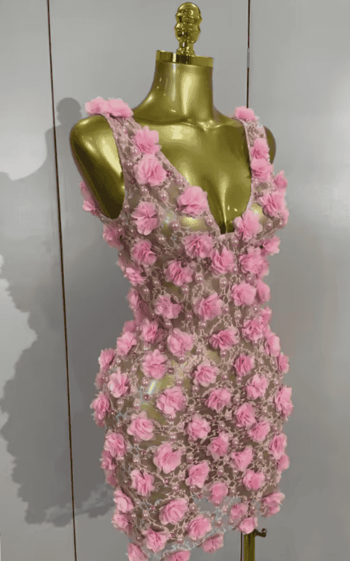 Charmelle Pink Pearl Flower Sheer Mesh Bodycon Mini Birthday Dress