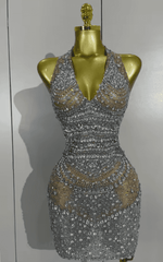 Candice Sparkly Rhinestone Backless Sheer Mesh Bodycon Mini Dress