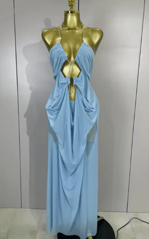 Amanda Sheer Mesh Halter Low Neck Backless Sleeveless Long Dress