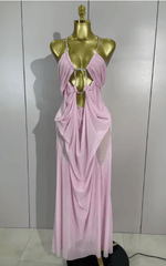 Amanda Sheer Mesh Halter Low Neck Backless Sleeveless Long Dress