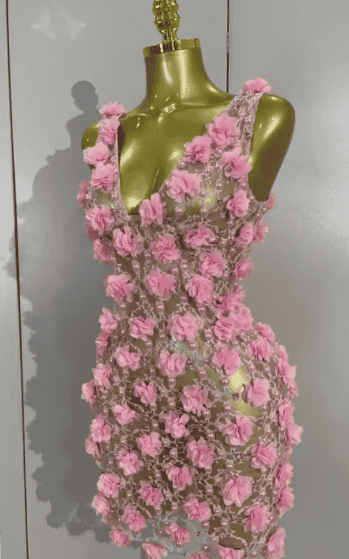 Charmelle Pink Pearl Flower Sheer Mesh Bodycon Mini Birthday Dress
