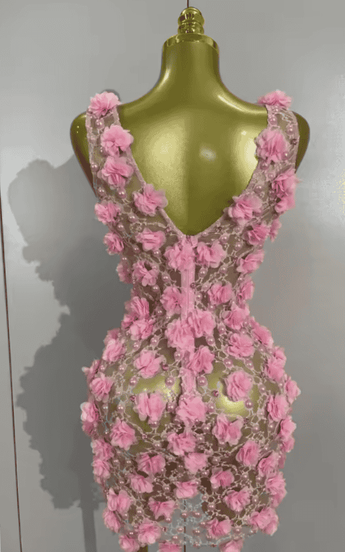 Charmelle Pink Pearl Flower Sheer Mesh Bodycon Mini Birthday Dress