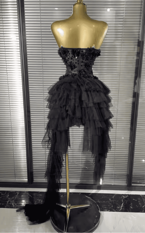 Deborah Strapless Sheer Mesh Floral Ruffle Draped Mermaid Dress