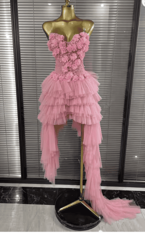 Deborah Strapless Sheer Mesh Floral Ruffle Draped Mermaid Dress