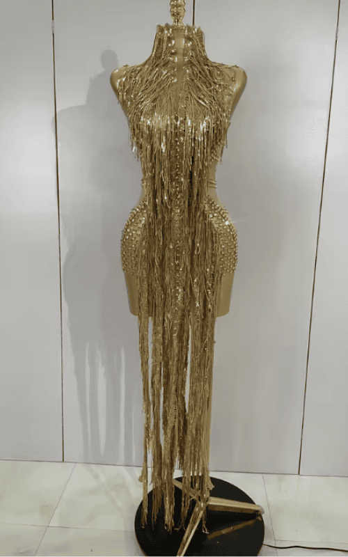 Adrielle Sparkly Gold Diamond Sheer Mesh Tassel Mini Dress