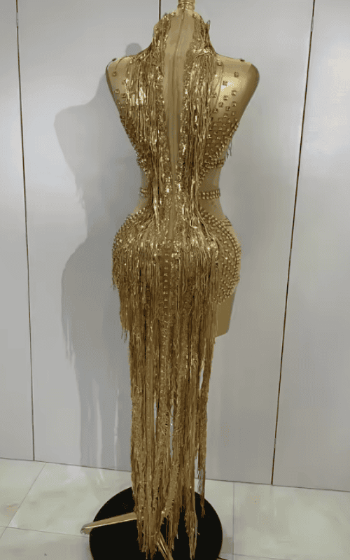 Adrielle Sparkly Gold Diamond Sheer Mesh Tassel Mini Dress