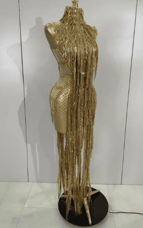 Adrielle Sparkly Gold Diamond Sheer Mesh Tassel Mini Dress