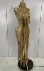 Adrielle Sparkly Gold Diamond Sheer Mesh Tassel Mini Dress