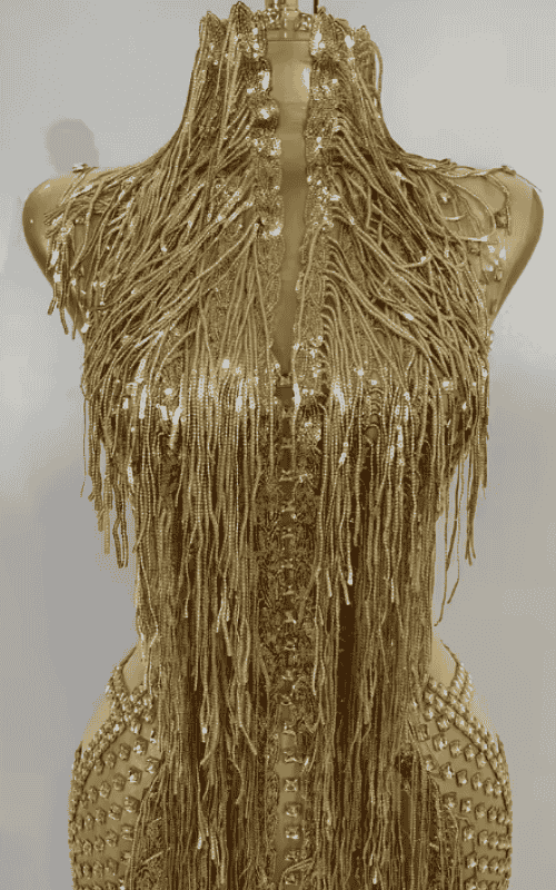 Adrielle Sparkly Gold Diamond Sheer Mesh Tassel Mini Dress