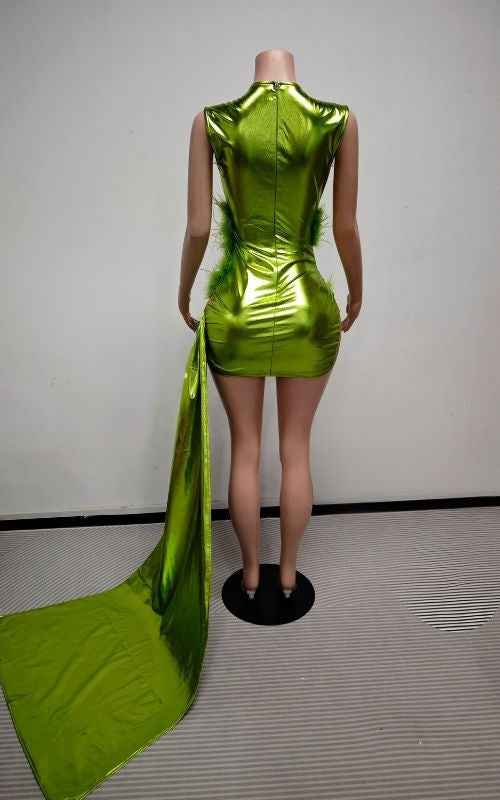 Crystal Embellished Illusion Suit With Feather Accents And Floor Length Sash