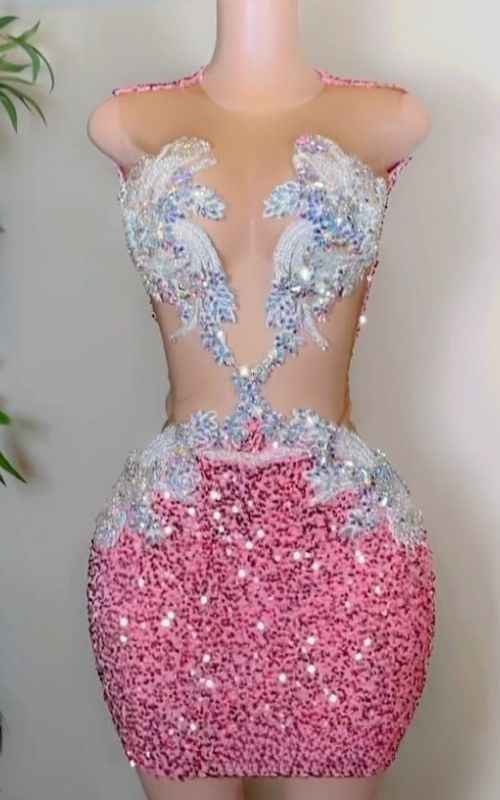 Deep V Neck Illusion Dress With Silver Appliques And Sequin Skirt