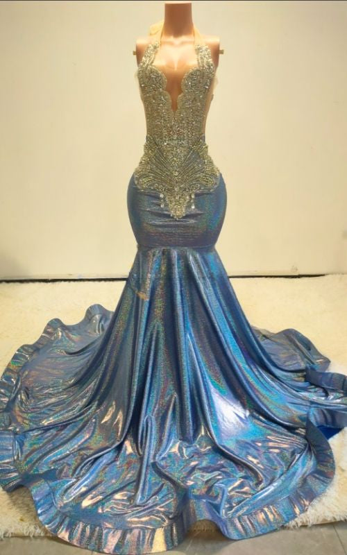 Crystal Scalloped Bodice Prom Dress With Deep V Plunge And Shimmering Metallic Train
