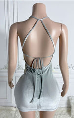 Crystal Embellished Halter Mini Birthday Dress With Sequin Lace Appliqué And Ruched Detail