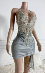 Crystal Embellished Halter Mini Birthday Dress With Sequin Lace Appliqué And Ruched Detail