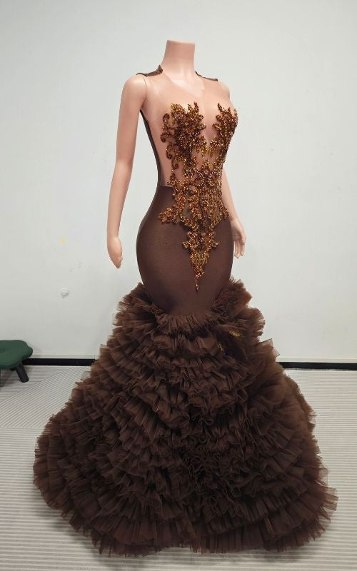 Deep Brown Mermaid Prom Dress With Ornate Bronzed Beadwork And Tiered Tulle Flare