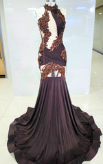 Deep Brown Mermaid Gown with Bronze Baroque Appliqués and Draped Halter Neckline