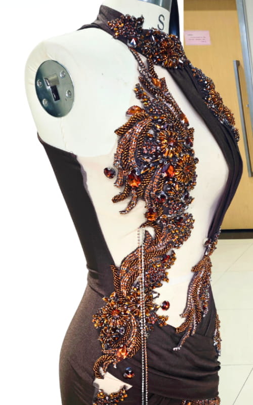 Deep Brown Mermaid Gown with Bronze Baroque Appliqués and Draped Halter Neckline