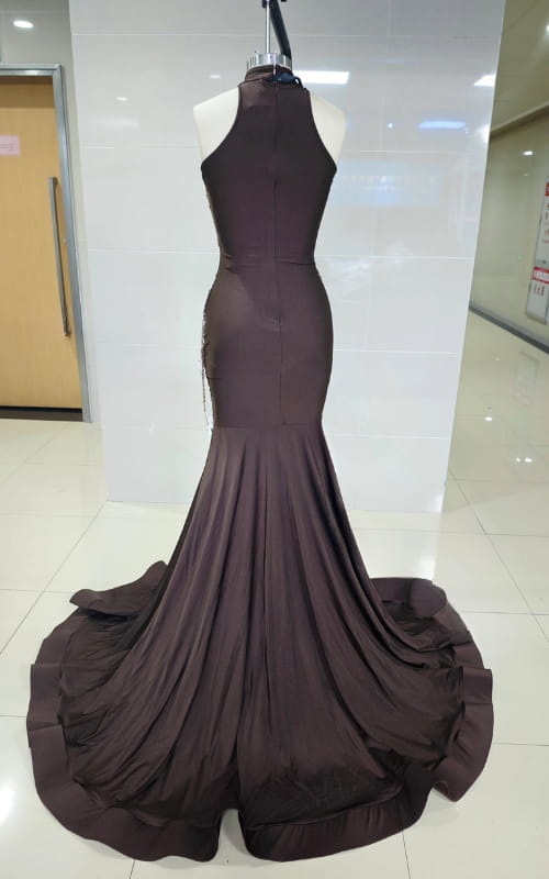 Deep Brown Mermaid Gown with Bronze Baroque Appliqués and Draped Halter Neckline
