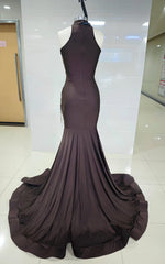 Deep Brown Mermaid Gown with Bronze Baroque Appliqués and Draped Halter Neckline