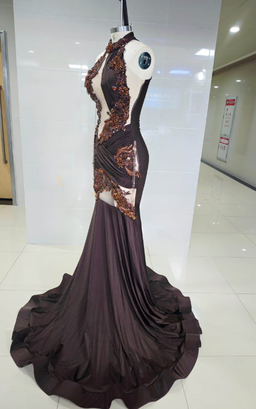 Deep Brown Mermaid Gown with Bronze Baroque Appliqués and Draped Halter Neckline