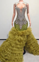 Crystal-Embellished Bodice and High Slit Tiered Tulle Ruffle Mermaid Prom Gown
