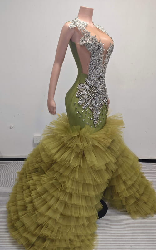 Crystal-Embellished Bodice and High Slit Tiered Tulle Ruffle Mermaid Prom Gown