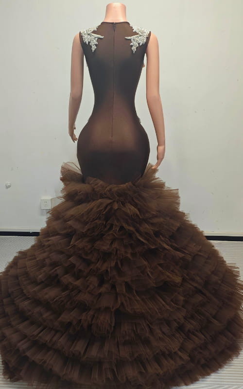 Crystal-Embellished Bodice and High Slit Tiered Tulle Ruffle Mermaid Prom Gown