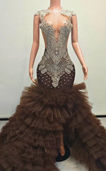Crystal-Embellished Bodice and High Slit Tiered Tulle Ruffle Mermaid Prom Gown