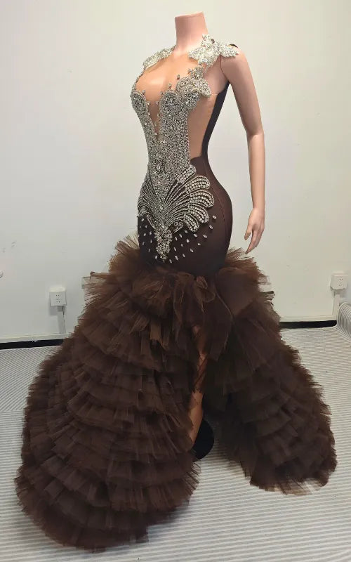 Crystal-Embellished Bodice and High Slit Tiered Tulle Ruffle Mermaid Prom Gown