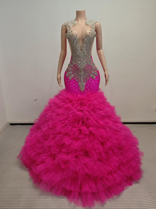 Ava Adorable Tulle Ruched Train Rhinestones Prom Dress